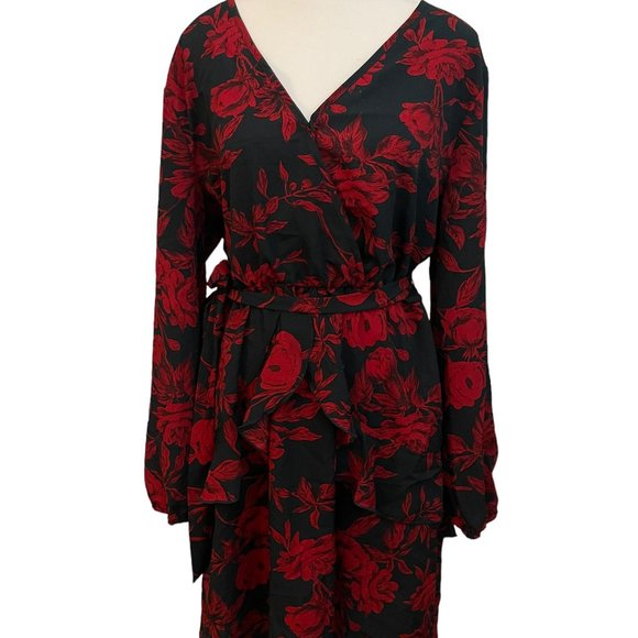 Uguest Dresses & Skirts - uguest black and red floral ruffled romantic v neck belted dress size 2XL
